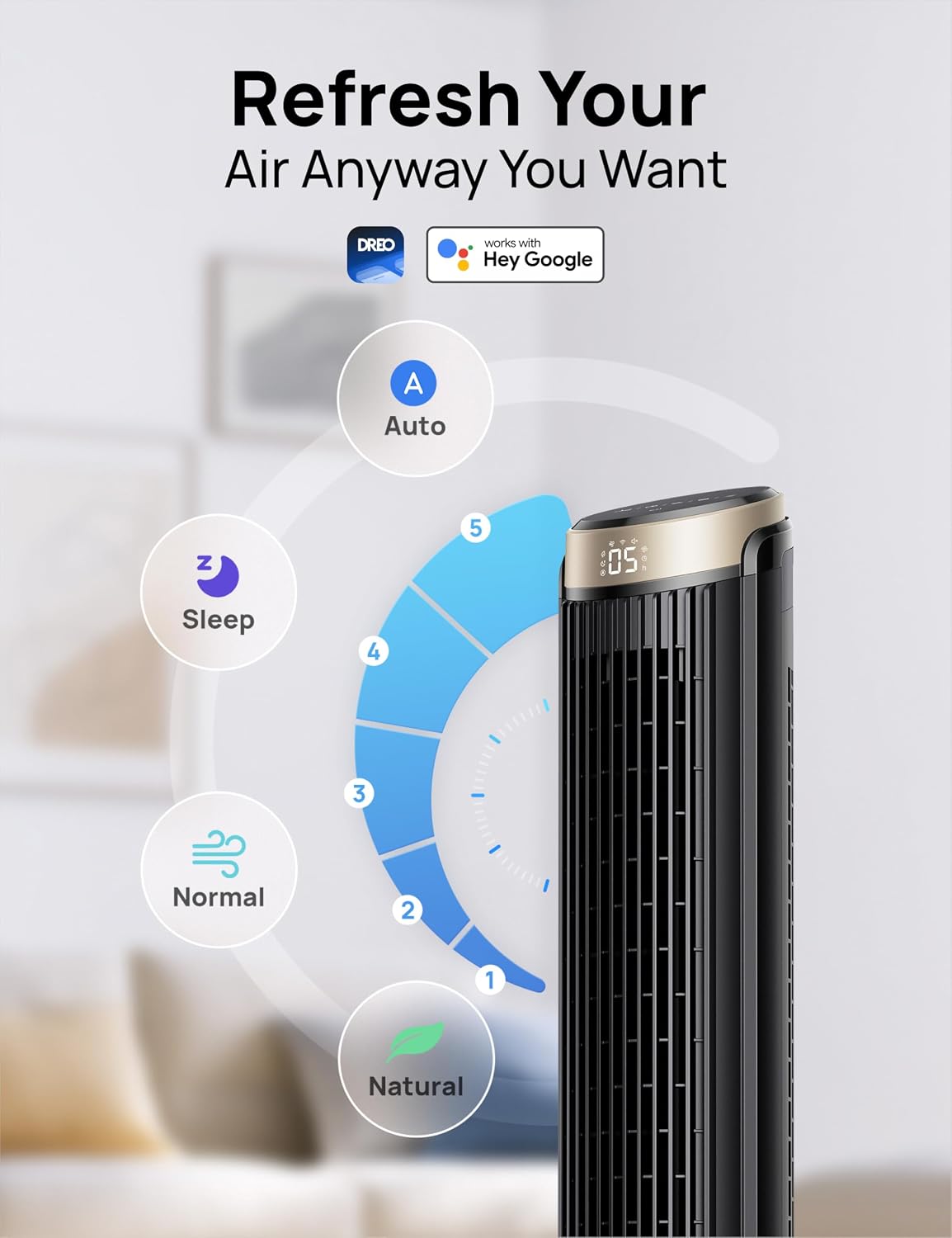 DREO Smart 42'' Tower Fan for Bedroom, 12 Speeds, 20dB Quiet Standing Fan