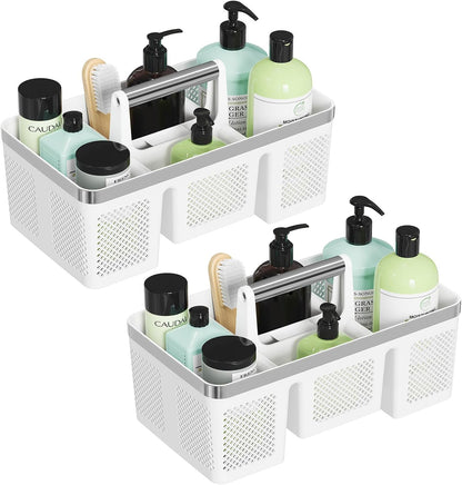 BYUNER Portable Cleaning & Shower Caddy with Handle: Rigid Plastic Basket with 4 Divided Compartments, All-Side Drainage for College Dorm, Bathroom & Utility Use, Black/Gold