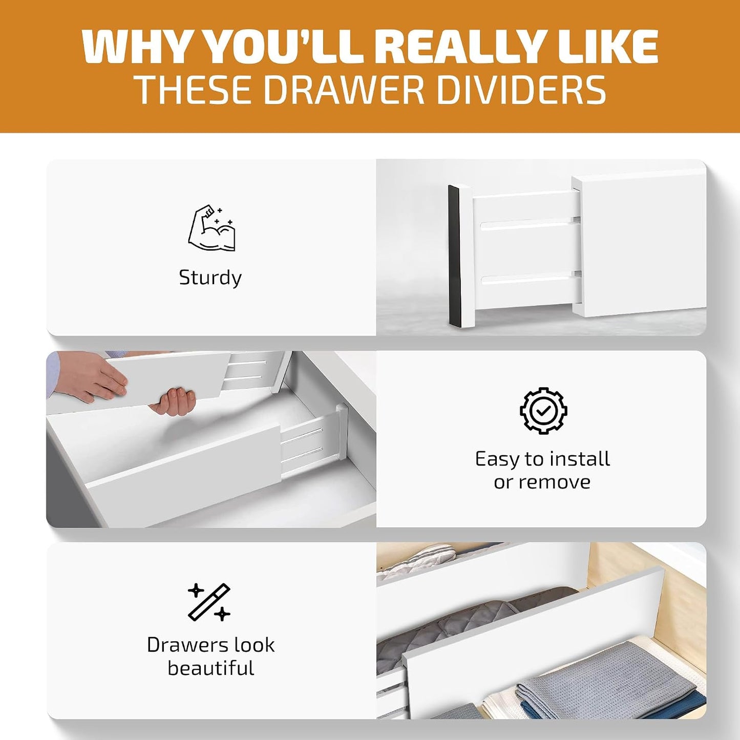 6-Pack Deep Drawer Dividers 4-Inch High Dresser Drawer Organizer, Bamboo | Adjustable 11.5-17 Inch Spring-Loaded Separators for Clothes, Utensils, Socks, Bedroom, Bathroom, Kitchen, Office, No Tools