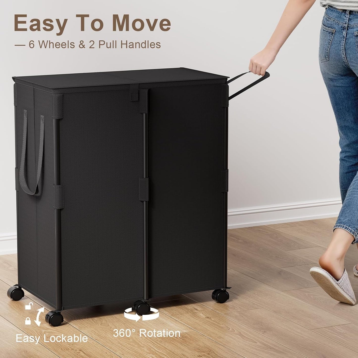 140L Double Laundry Hamper with Lid and 6 Wheels, Rolling Laundry Basket | Gasvadivum Metal Frame Laundry Sorter 2 Section with 2 Removable Bags, Large Clothes Cart for Bedroom, Bathroom, Black
