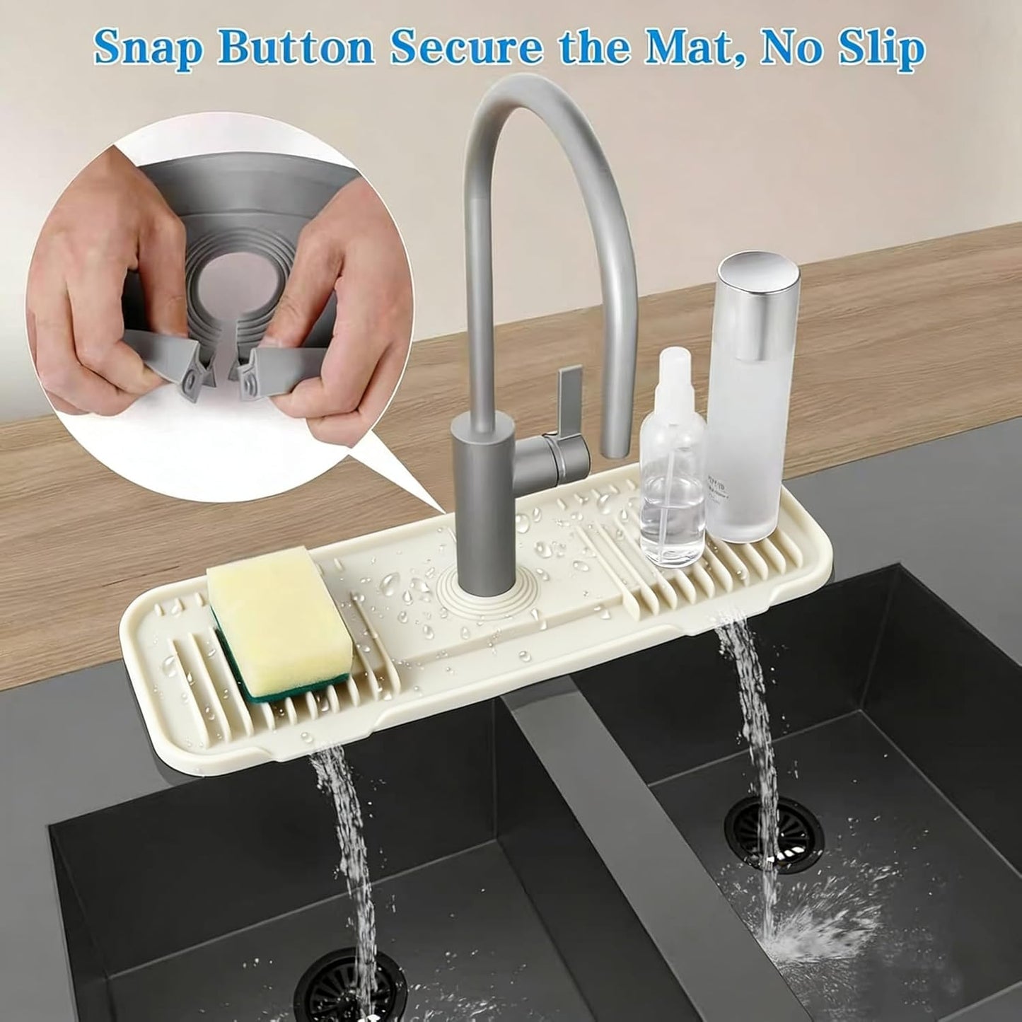 Kingmall 2nd Generation Silicone Faucet Mat, Kitchen Faucet Drip Catcher with Cuttable Circular Center for Kitchen Sink, Tailor-Made for Faucets with Deck Plate, Food Grade Silicone, Light Grey