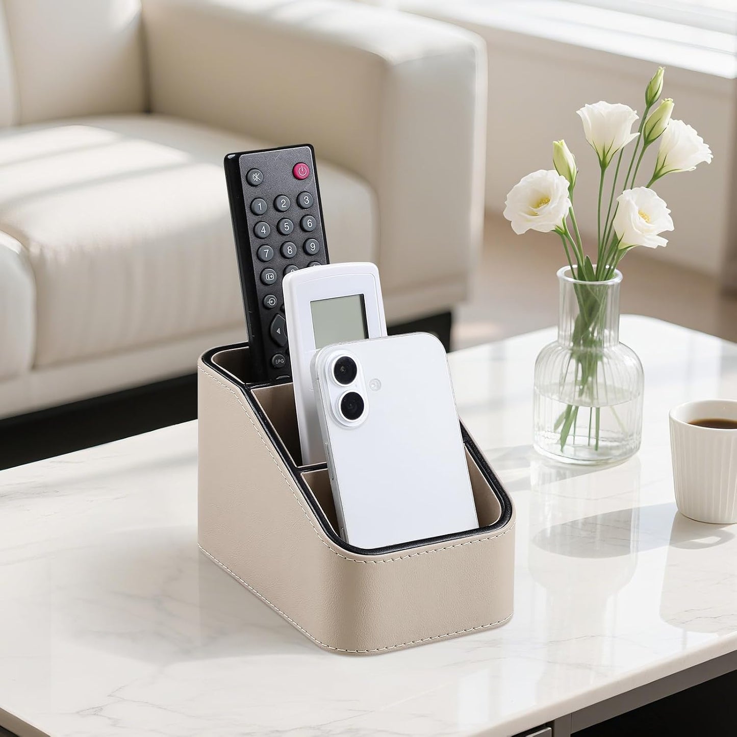 Remote Control Holder, Small Desk Organizer TV Remote Caddy, Black | PU Leather 3 Compartments Remote Holder, Remote Organizer Nightstand Organizer for Couch Bedside Living Room Office