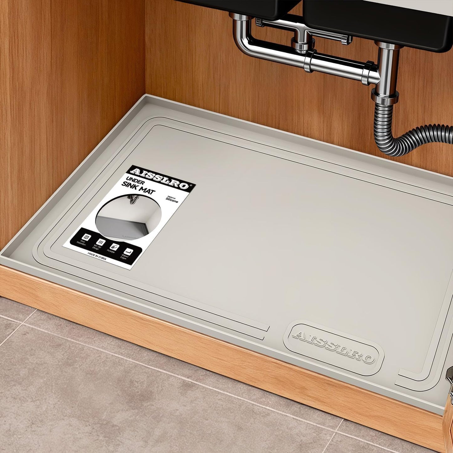 Under Sink Mat 22" X 19", Waterproof Silicone Cabinet Kitchen Liner, Gray | BPA-Free Raised-Edge Cabinet Protector & Leak Tray for Bathroom Cabinets, Boots, Pet Feeding Dog & Cat Mats, Dishwasher Safe
