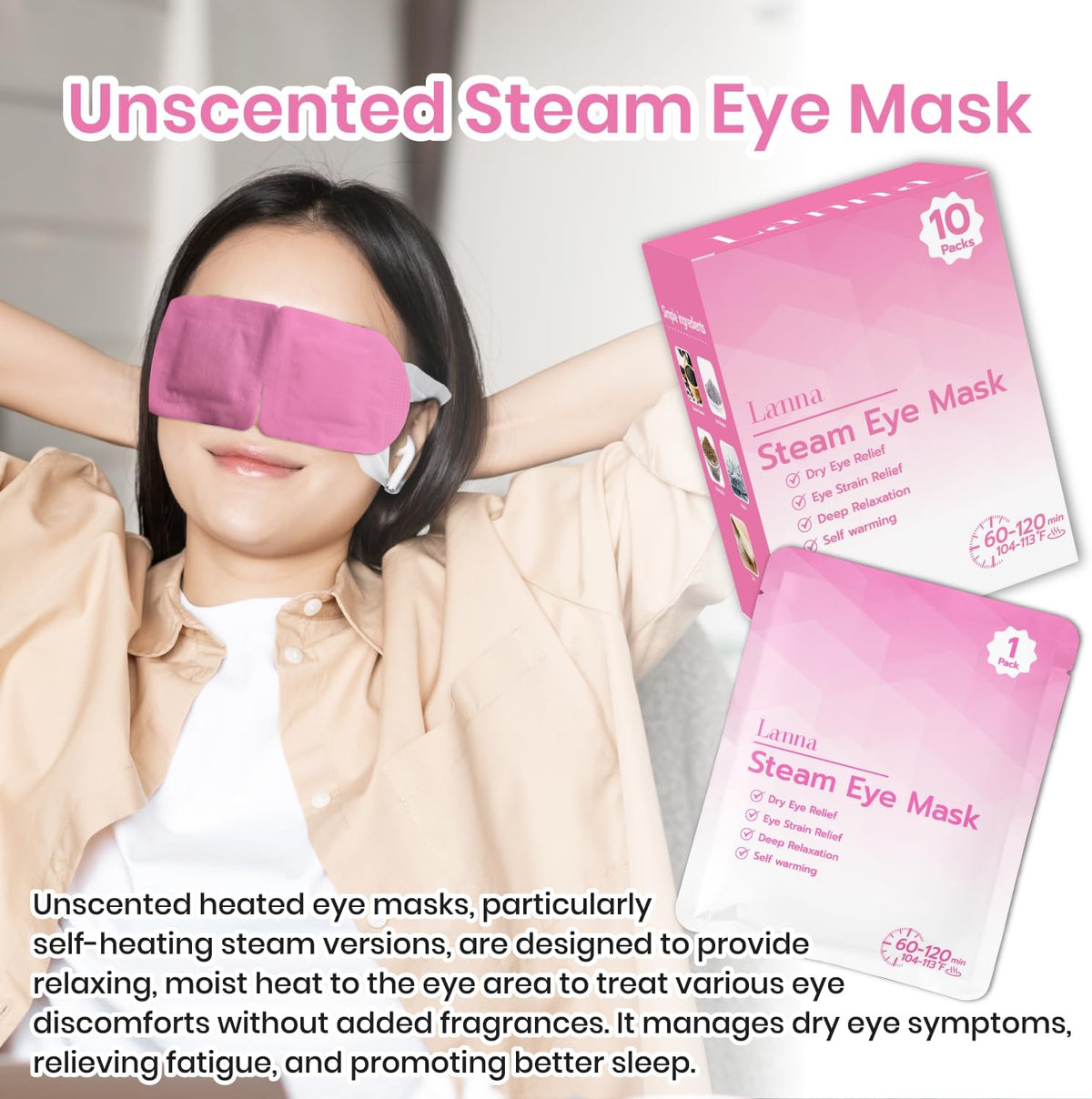 LANNA Heated Steam Eye Mask, Disposable 120 Minutes Chamomile Scent 10 Pcs