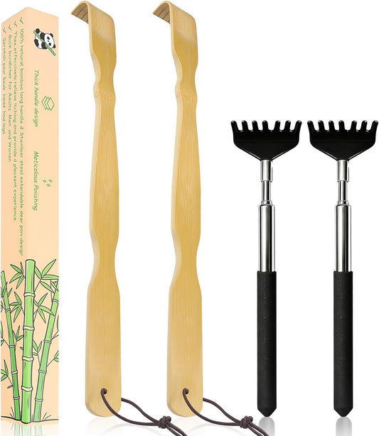 4 Pcs Back scratchers,Bamboo & Extendable Stainless Steel Back Scratcher | for Back,Neck,Shoulders,Back Scratcher for Men Women Elderly,Gifts for Thanksgiving Birthday Christmas
