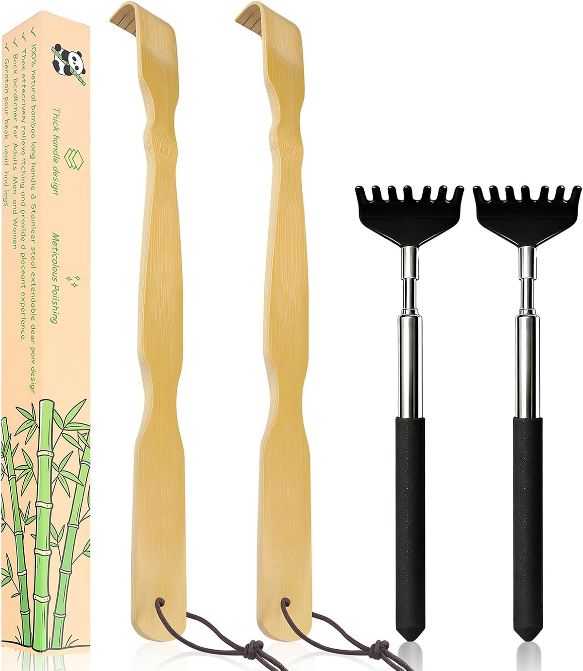 4 Pcs Back scratchers,Bamboo & Extendable Stainless Steel Back Scratcher