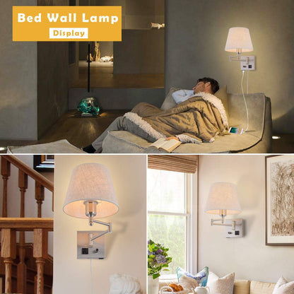 Bedside Wall Mount Light with Dimmable Switch and Outlet, Swing Arm Fabric Shade Wall Sconce Light with USB Port and Plug in Cord, Black Wall Lamp for Bedroom, Living Room and Hotel