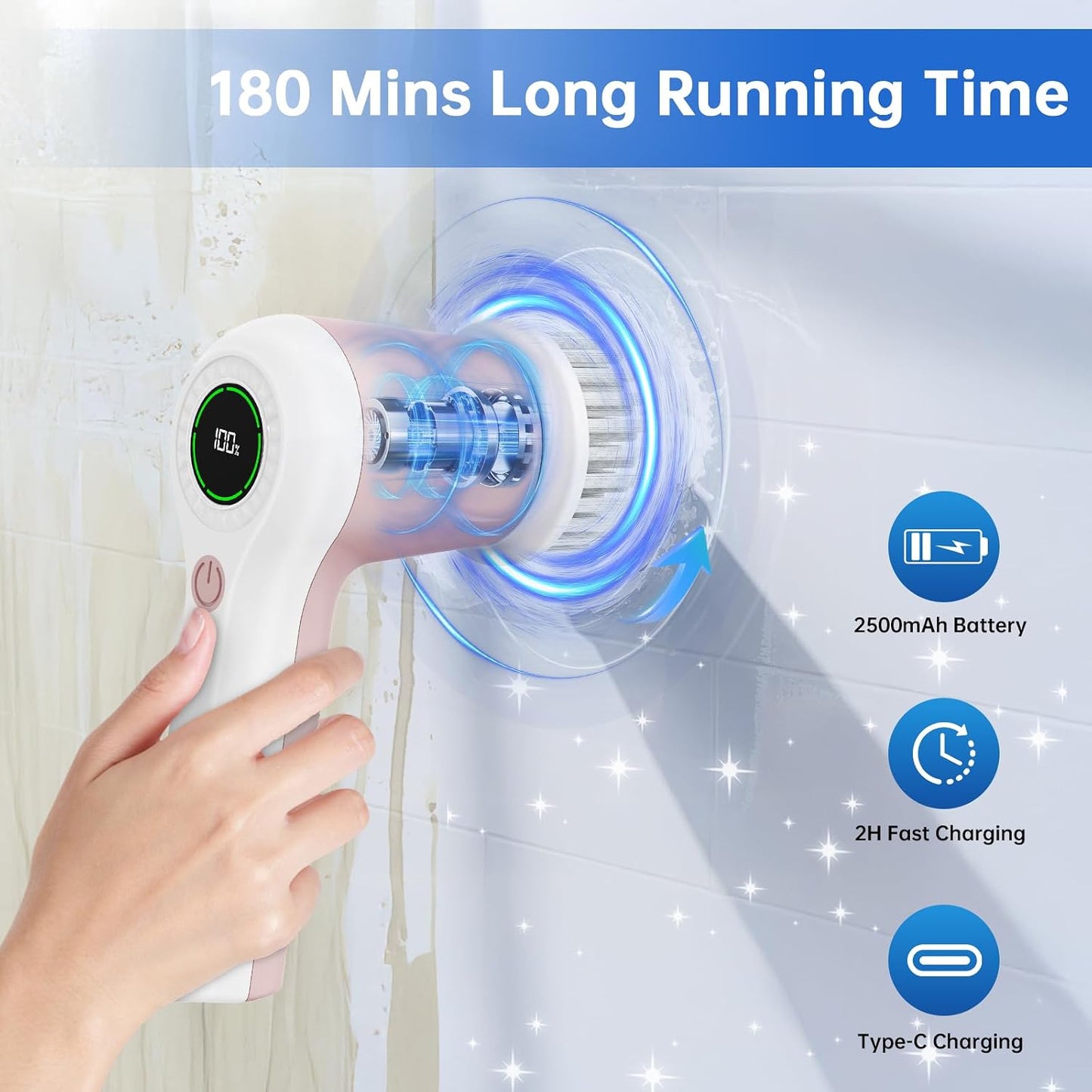 PUFTEM Electric Spin Scrubber, Cordless Shower Scrubber | Battery Level Display, Dual Speed, 6 Replaceable Brush Heads, IPX7 Waterproof, Long Runtime, Tub, Tile & Sink Cleaning