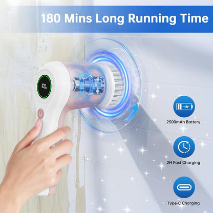 PUFTEM Electric Spin Scrubber, Cordless Shower Scrubber | Battery Level Display, Dual Speed, 6 Replaceable Brush Heads, IPX7 Waterproof, Long Runtime, Tub, Tile & Sink Cleaning