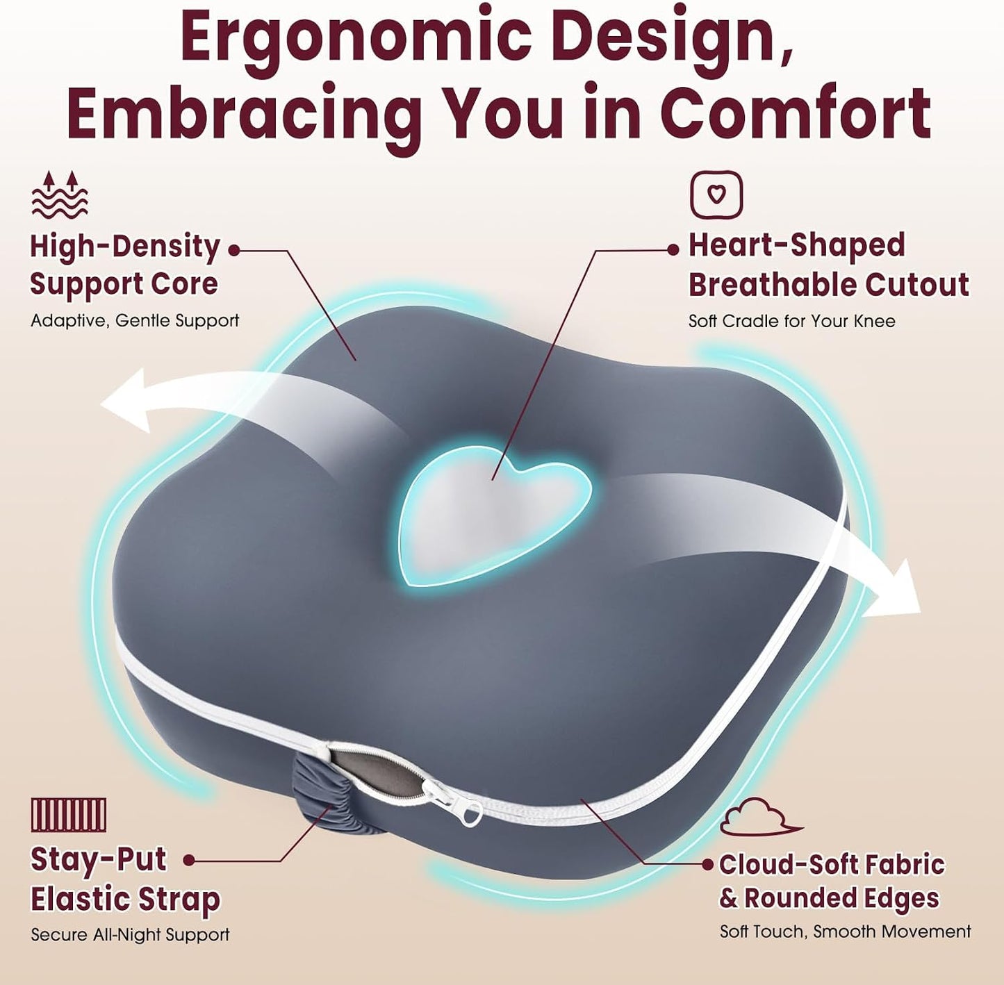 Memory Foam Knee Pillow for Side Sleepers, Supportive Leg Pillow with Heart Cutout Design and Adjustable Strap, Contoured Between Knees Pillow for Side Sleeping, Alignment Support, Gray