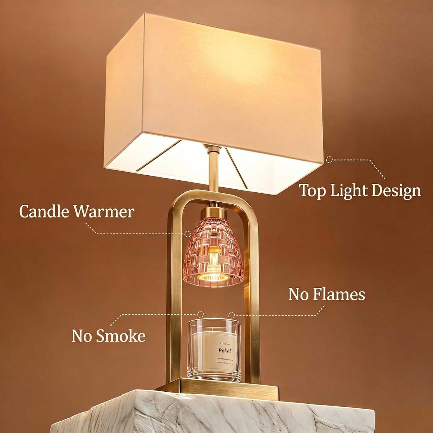 PoKat Gold Table Lamp Candle Warmer, Candle Warmer Lamp with Timer Dimmer, Wax Light Warming Table Lamp for Jar Candles, Modern Bedside Lamp for House Warming Home Decor Living Room, Bulb Included
