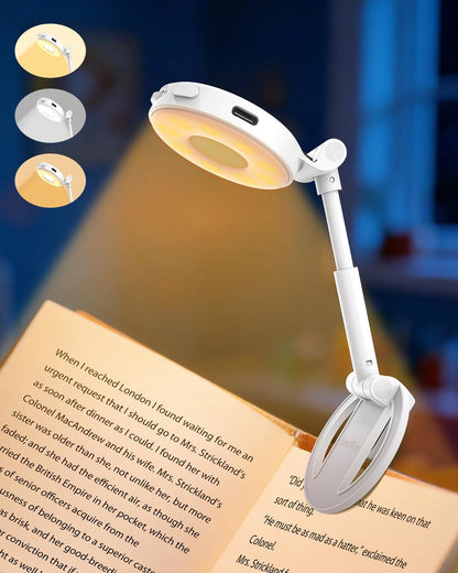 18 LED Rechargeable Clip On Book Light | 3 Color Temperatures, Stepless Dimming, Timer & Memory Function, Wide Beam Lighting, Bed Reading and Travel Use