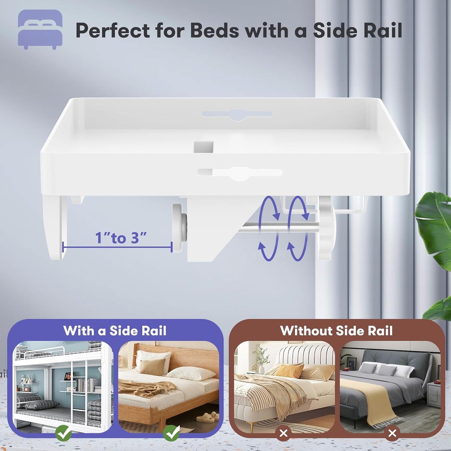 Bedside Shelf for Top Bunk Bed, White Bunk Bed Table 50LBS Capacity | Bedroom Dorm Room Essential, Clip on Nightstand for College Student, BedShelf with Cup Holder, Material & Clamping Screw
