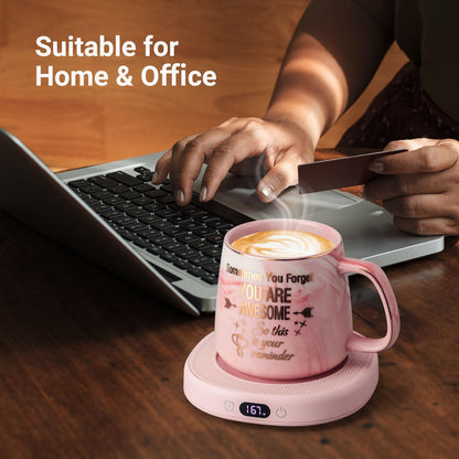 Coffee Mug Warmer & You are Awesome Mug Set, Electric Cup Warmer for Desk | Beverage Warmer Plate for Coffee, Tea, 4 Temperature Setting, 8-Hours Auto Shut Off, 14oz Mug with Spoon & Lid Included