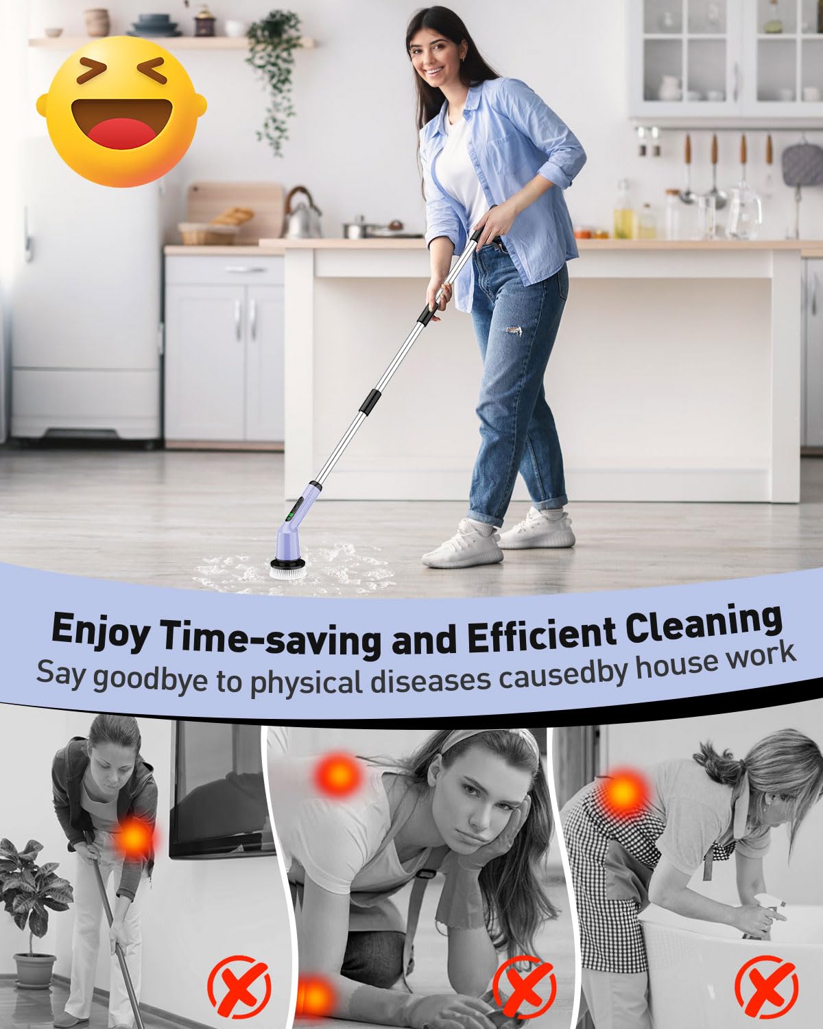 Electric Spin Scrubber for Bathroom, Shower Scrubber with Long Handle | Shower Cleaner Brushes, IPX7 Waterproof & 2 Speed, 3 Brush Heads, 90min Runtime, Bathroom Cleaning Supplies for Toilet Tub