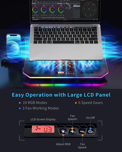 KeiBn Upgarde Laptop Cooling Pad, RGB Lights Laptop Cooler 6 Fans for 15.6-17.3 Inch Laptops, 7 Height Stands, 10 Modes Light, 2 USB Ports, Desk or Lap Use (A8,Blue)