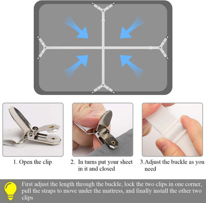 ZHOUBIN Sheet Suspenders Clips, Bed Sheet Straps Mattress Sheet Holders for Twin, Full, Queen, King - Keep Sheets in Place Corner Sheet Grippers Fasteners Sheet Stays