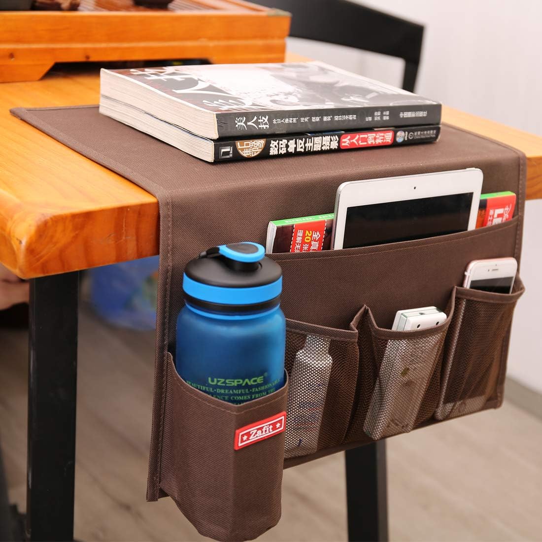 Zafit 5 Pockets Bedside Caddy, Bedside Storage Organizer for Water Bottles, Magazines, Phone, Glasses (5 Pockets-Grey)