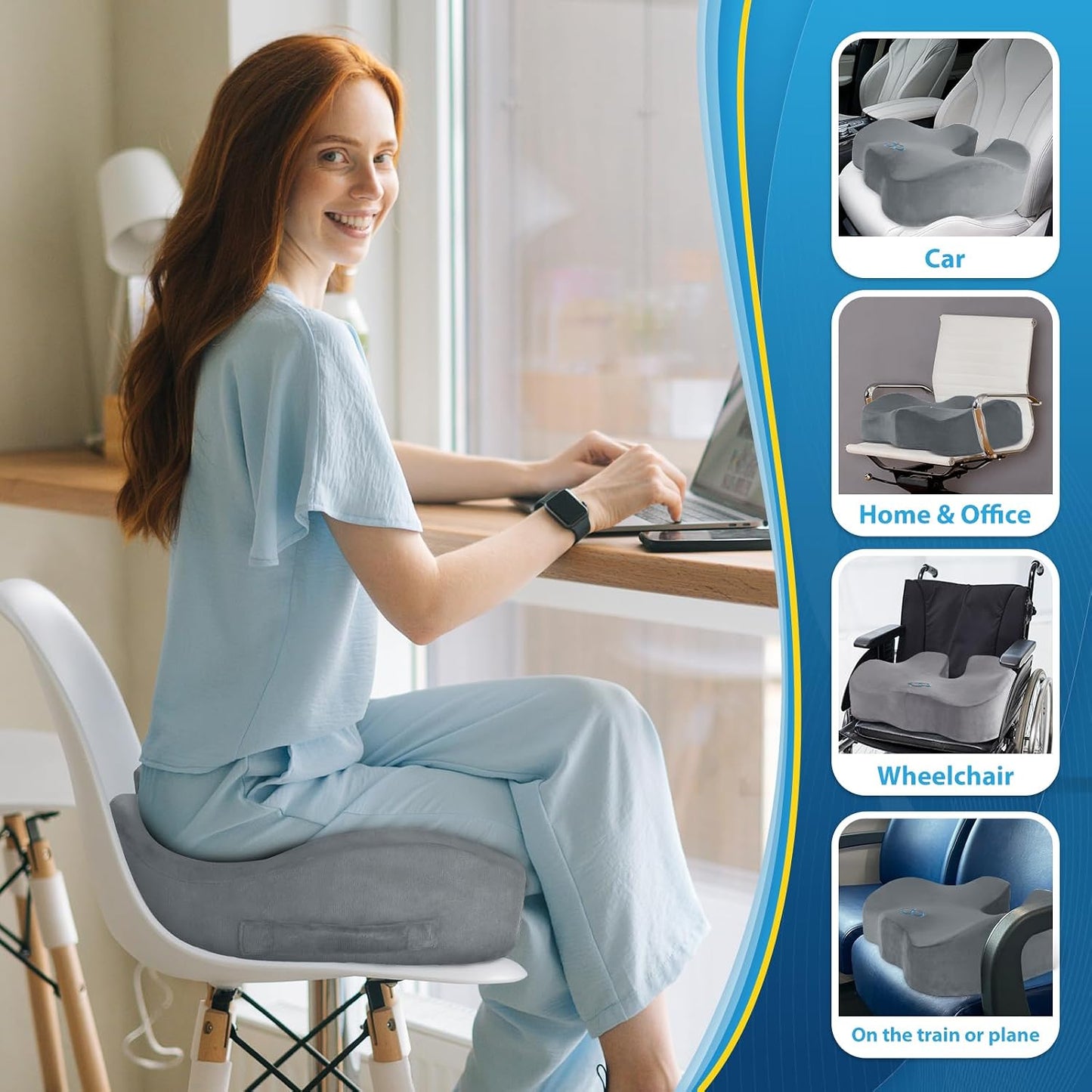 BlissTrends Memory Foam Seat Cushion for Office Chair & Car Seat, Black | 4.7in Ergonomic Tailbone & Sciatica Support with Removable Velvet Cover for Pressure Relief and Long Sitting Comfort