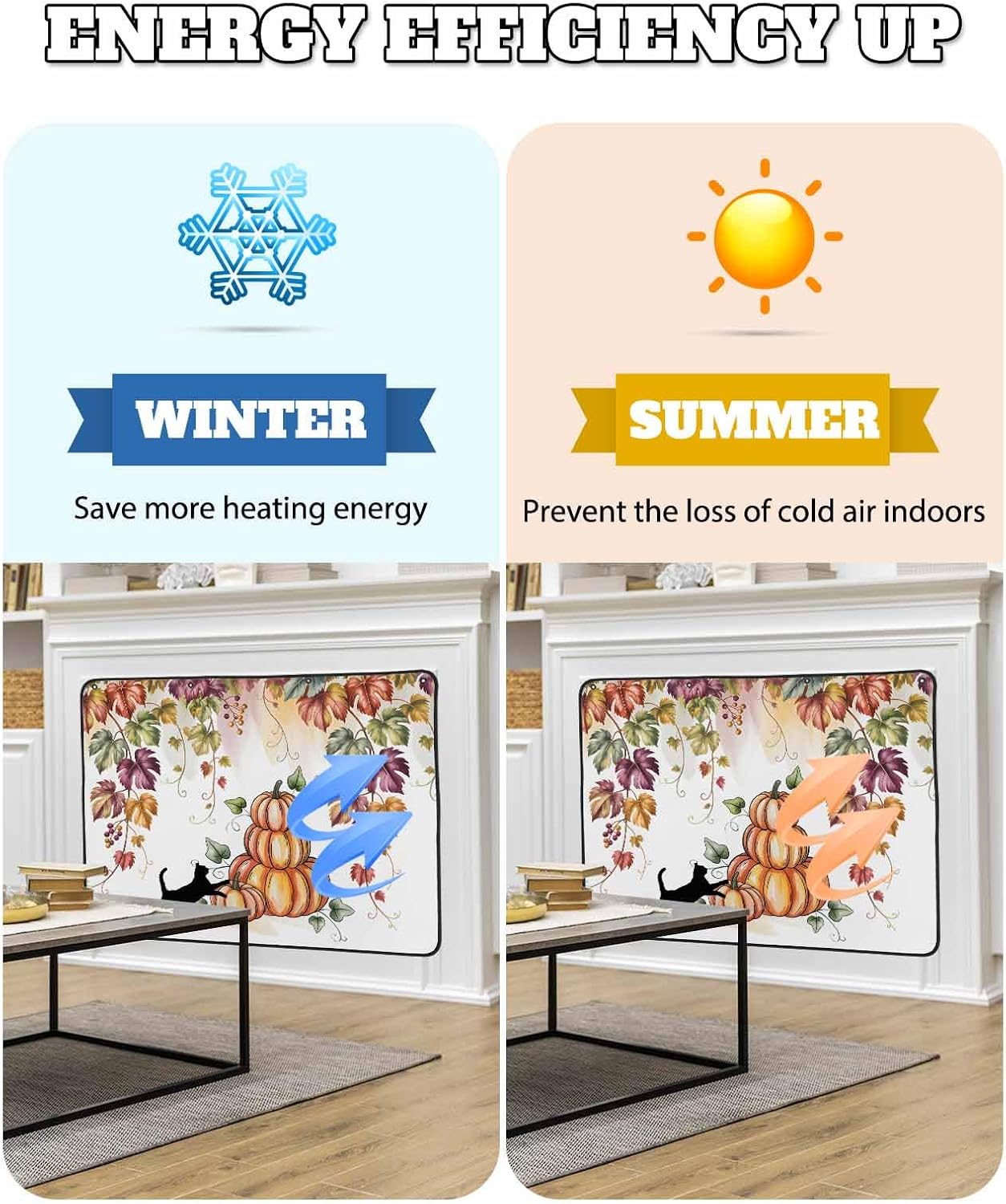 Fall Magnetic Fireplace Cover, Fireplace Draft Blocker, Pumpkins Cat Maple Leaf Thanksgiving Fireplaces Blanket for Heat Loss/Cold Air, Fireplaces Draft Stopper Cover for Inside 36''x27''