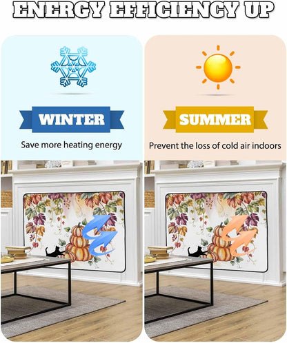Fall Magnetic Fireplace Cover, Fireplace Draft Blocker, Pumpkins Cat Maple Leaf Thanksgiving Fireplaces Blanket for Heat Loss/Cold Air, Fireplaces Draft Stopper Cover for Inside 36''x27''