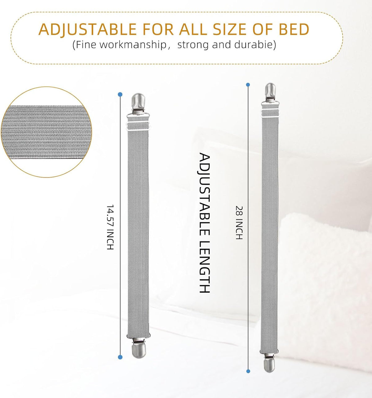 Adjustable Bed Sheet Straps Clips, Elastic Mattress Sheet Fasteners Holder and Suspenders, Grippers to Hold Sheet, Mattress, Sofa, Couch, Table Cloth, Ironing Board Cover, Black