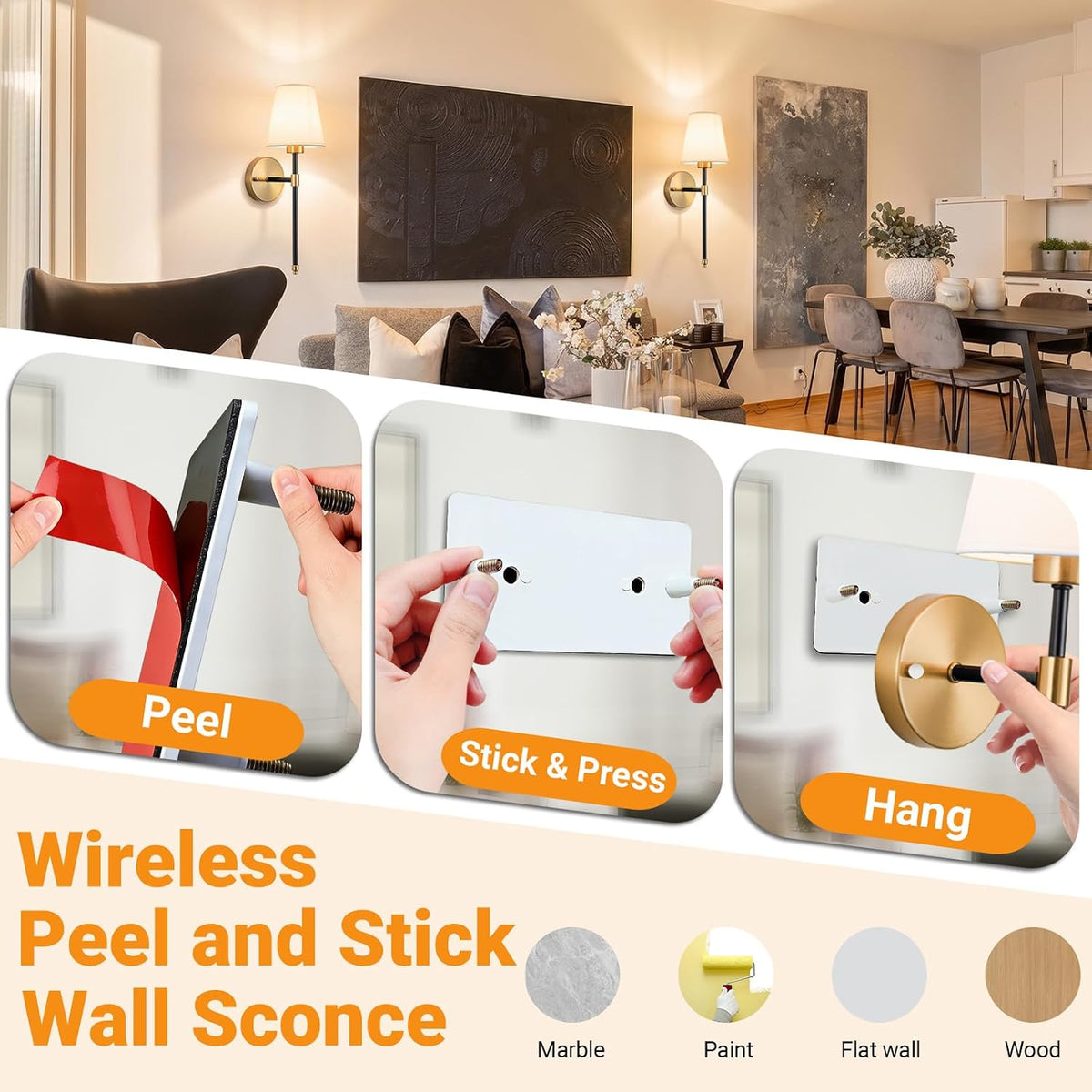 Nekhung Battery Operated Wall Sconce, Peel and Stick Sconces Set of 2