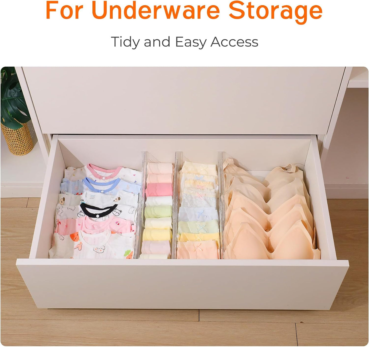 4 Pack 4" High Drawer Dividers for Clothes, 10.2"-16.5" Expandable | Dresser Drawer Organizers, Adjustable Plastic Clear Drawer Separators for Kitchen, Baby Clothing, Socks & Underwear Storage