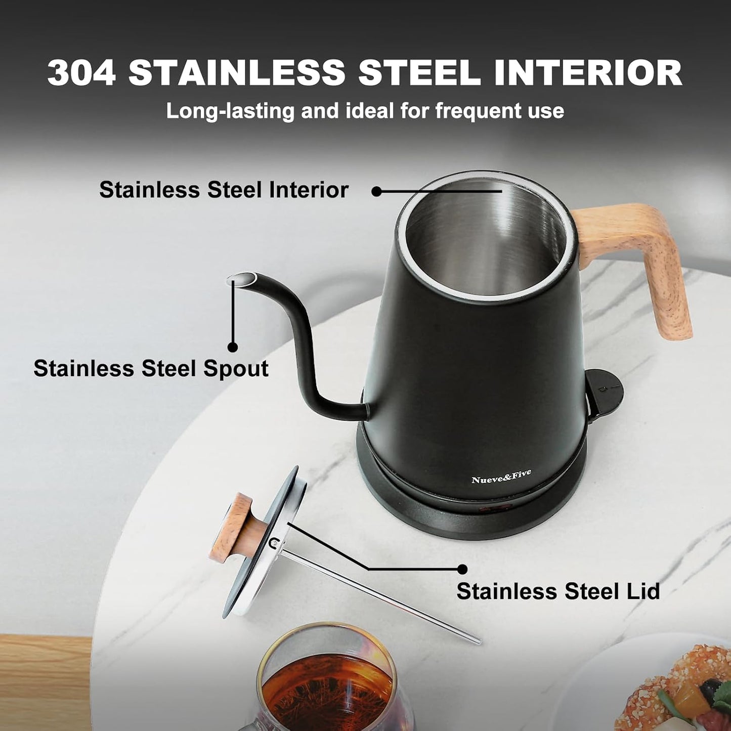Nueve&Five Electric Gooseneck Kettle with Thermometer, 1.0L Pour Over Hot Water Kettle for Coffee and Tea, 1000W, Auto Shutoff, Boil-Dry Protection, Matte Black