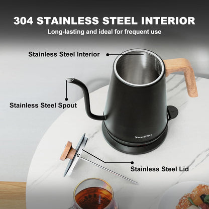 Nueve&Five Electric Gooseneck Kettle with Thermometer, 1.0L Pour Over Hot Water Kettle for Coffee and Tea, 1000W, Auto Shutoff, Boil-Dry Protection, Matte Black