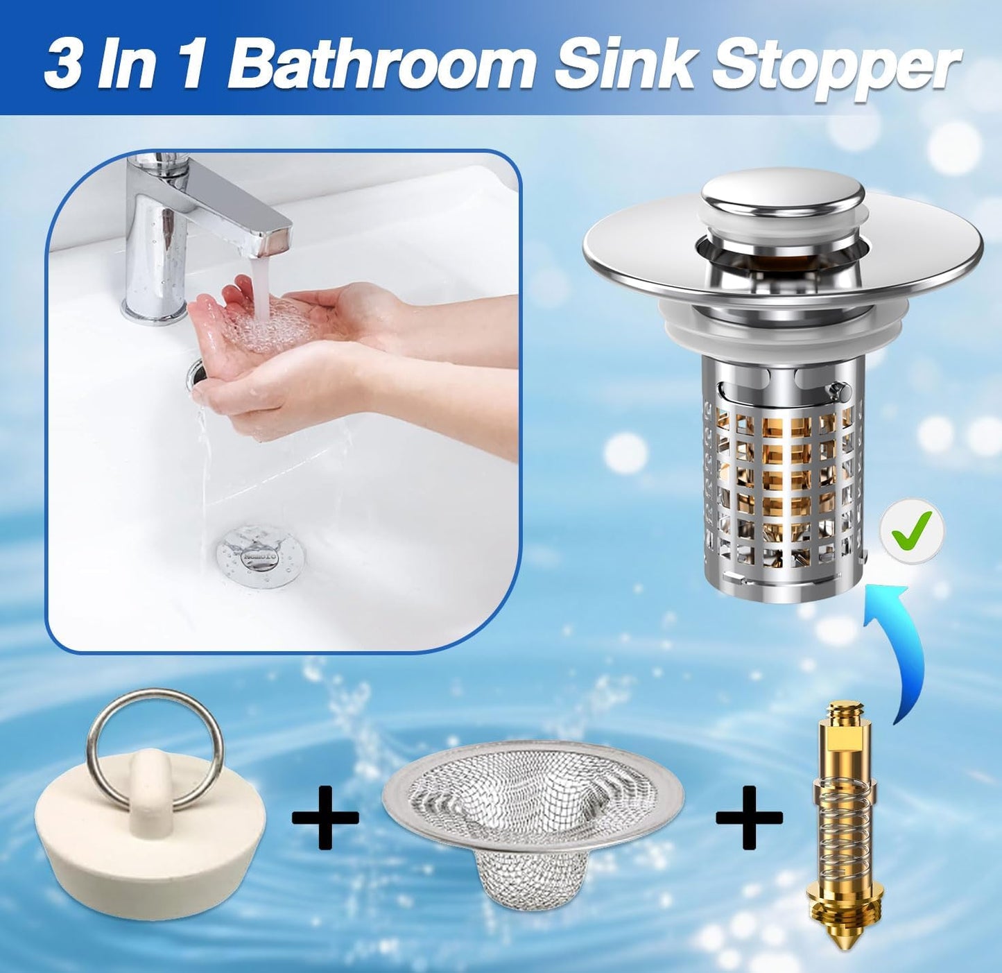 Bathroom Sink Drain Strainer, Pop-up Sink Drain Strainer with Removable Stainless Steel Strainer Basket Hair Catcher, Bathroom Sink Strainer for Bathroom Sink Stopper Replacement(1PCS)