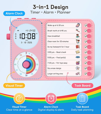 3-in-1 Visual Timer & ADHD Tool for Kids with Chore Chart & Planning Board | ADHD Timer with Digital Clock, Silent Task Timer for Adults with Visual Schedule for Home, School, Classroom, Work (Pink)