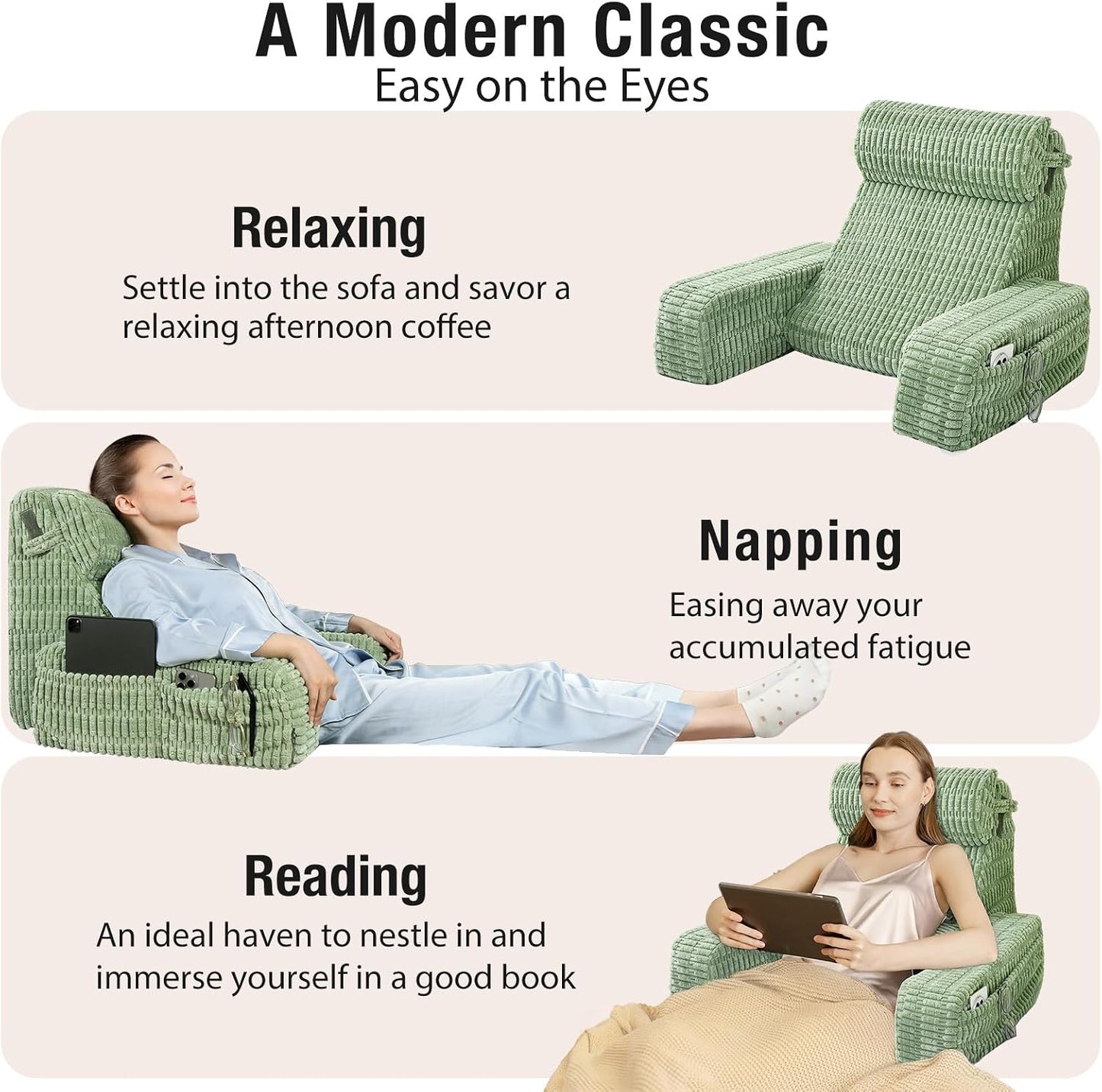Reading Pillow for Bed Sitting Up with Large Pockets,Modern Style | 19" Supportive Backrest Cushion for Reading,Nursing,Resting,or Reclining,Stable Armrests & Washable Cover – Sage Green