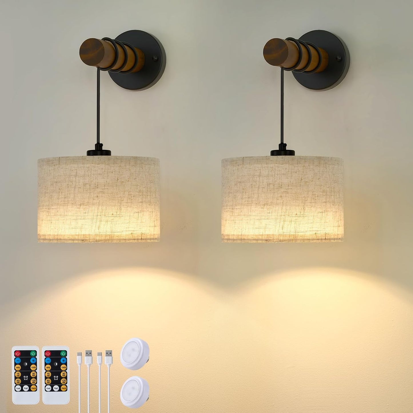 XSDeTu Battery Operated Wall Sconce with Remote, Rechargeable Battery Powered Wall Light, 3 Colors Dimmable Wall Mounted Lights, Adjustable Lamp for Bedroom Bedside, Wooden Arm, Fabric Shade, 2 Pcs