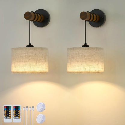 XSDeTu Battery Operated Wall Sconce with Remote, Rechargeable Battery Powered Wall Light, 3 Colors Dimmable Wall Mounted Lights, Adjustable Lamp for Bedroom Bedside, Wooden Arm, Fabric Shade, 2 Pcs