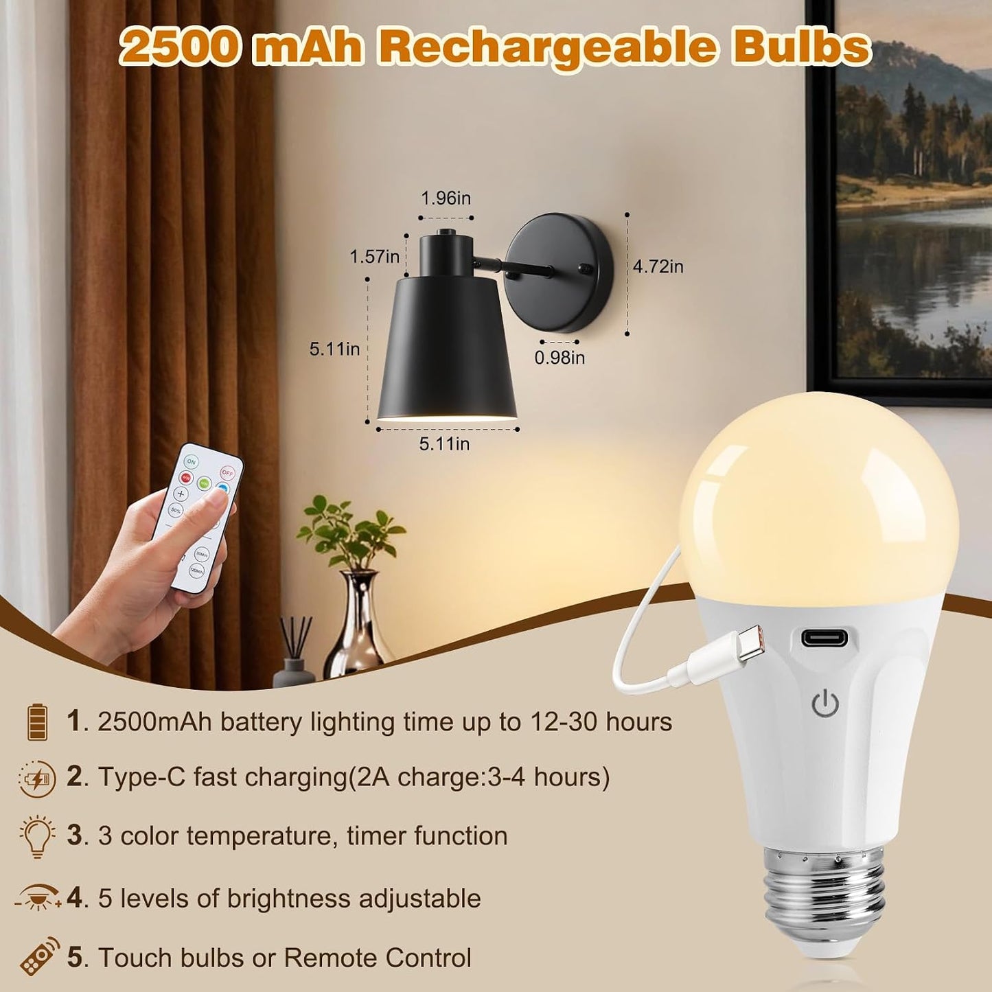 Gold Battery Operated Wall Sconces Set of Two with Remote, Rechargeable Battery Powered Wall Lights, 3 Color Temperature, Dimmable, Modern Wireless Wall Lamps for Bedroom Living Room Hallway
