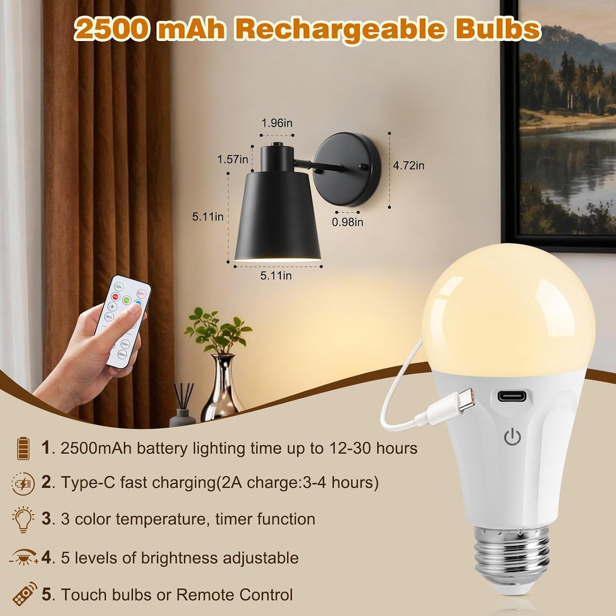 Gold Battery Operated Wall Sconces Set of Two with Remote, Rechargeable Battery Powered Wall Lights, 3 Color Temperature, Dimmable, Modern Wireless Wall Lamps for Bedroom Living Room Hallway