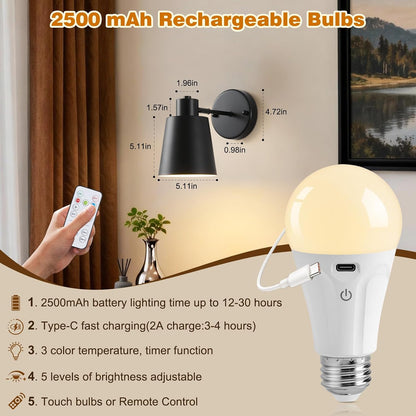 Gold Battery Operated Wall Sconces Set of Two with Remote, Rechargeable Battery Powered Wall Lights, 3 Color Temperature, Dimmable, Modern Wireless Wall Lamps for Bedroom Living Room Hallway