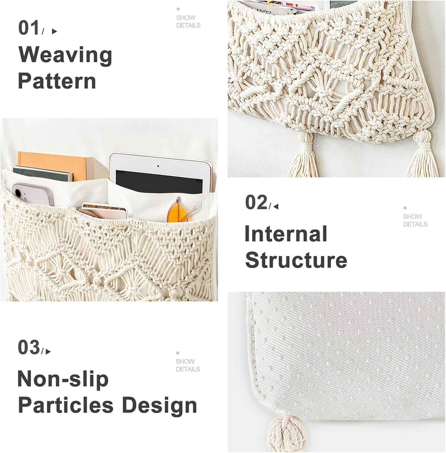 Mkono Macrame Armchair Caddy, Boho Couch Armrest Organizer, 4 Pockets Beige | Large, Sofa Bedside Caddy, Remote Control Magazine Phone Holder, Living Room Bedroom Dorm, Boho Decor, Space-Saving Storage