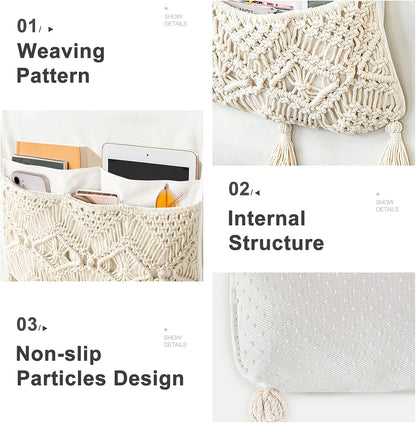 Mkono Macrame Armchair Caddy, Boho Couch Armrest Organizer, 4 Pockets Beige | Large, Sofa Bedside Caddy, Remote Control Magazine Phone Holder, Living Room Bedroom Dorm, Boho Decor, Space-Saving Storage
