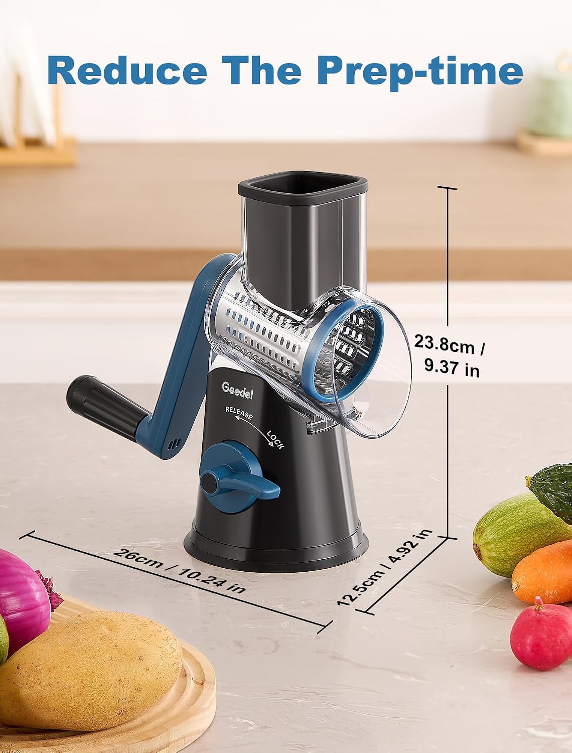Geedel Rotary Cheese Grater, Kitchen Mandoline Vegetable Slicer with 3 Interchangeable Blades, Easy to Clean Rotary Grater Slicer for Fruit, Vegetables, Nuts | 3 Blades, 430 Stainless Steel, 12x Fast Cutting, Strong Suction Base, No BPA, Dishwasher Safe,