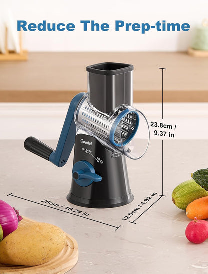 Geedel Rotary Cheese Grater, Kitchen Mandoline Vegetable Slicer with 3 Interchangeable Blades, Easy to Clean Rotary Grater Slicer for Fruit, Vegetables, Nuts | 3 Blades, 430 Stainless Steel, 12x Fast Cutting, Strong Suction Base, No BPA, Dishwasher Safe,