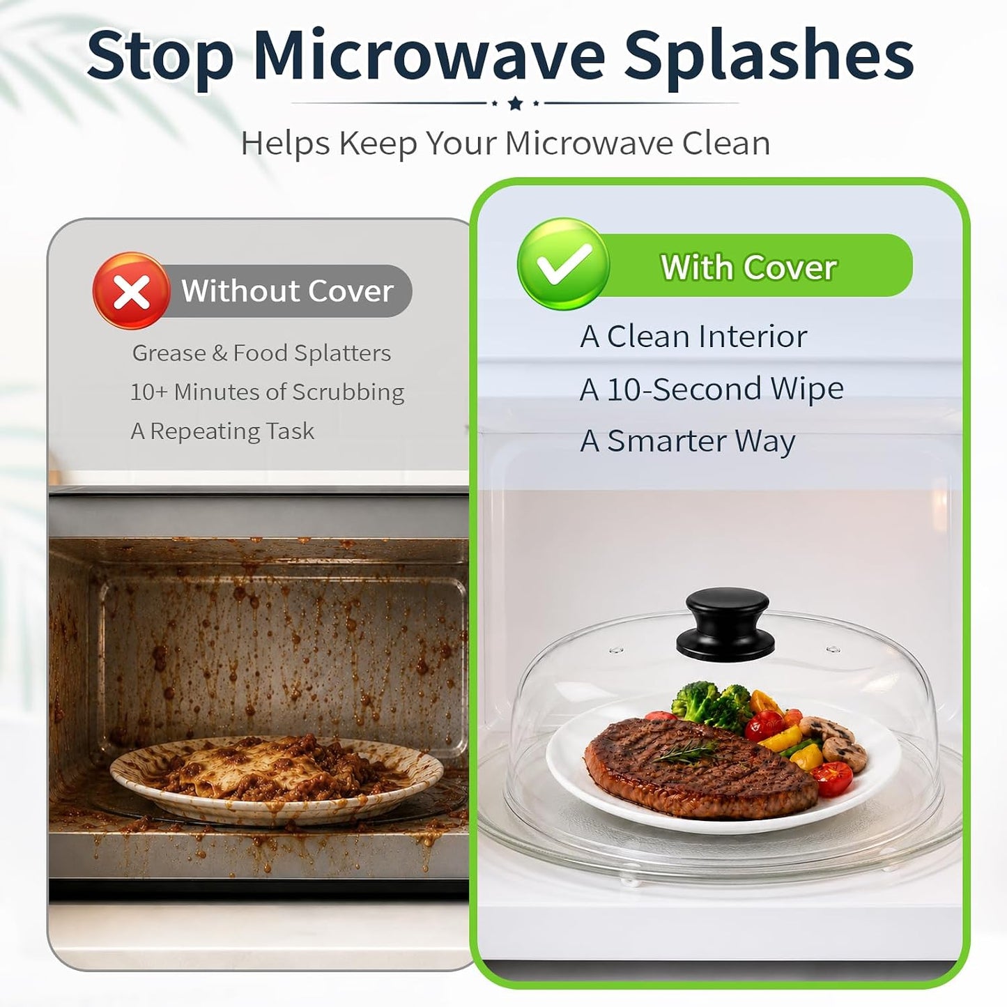 Glass Microwave Cover for Food, Tall Microwave Splatter Cover with Silicone Mat, Vent Holes, BPA Free, Dishwasher Safe, 10 Inch, High Borosilicate Glass Plate Lid with Side Tabs