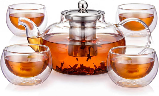 Thenshop 5 Pcs Glass Teapot Set, 33 oz Infuser and 4 Pcs Insulated Tea Cups