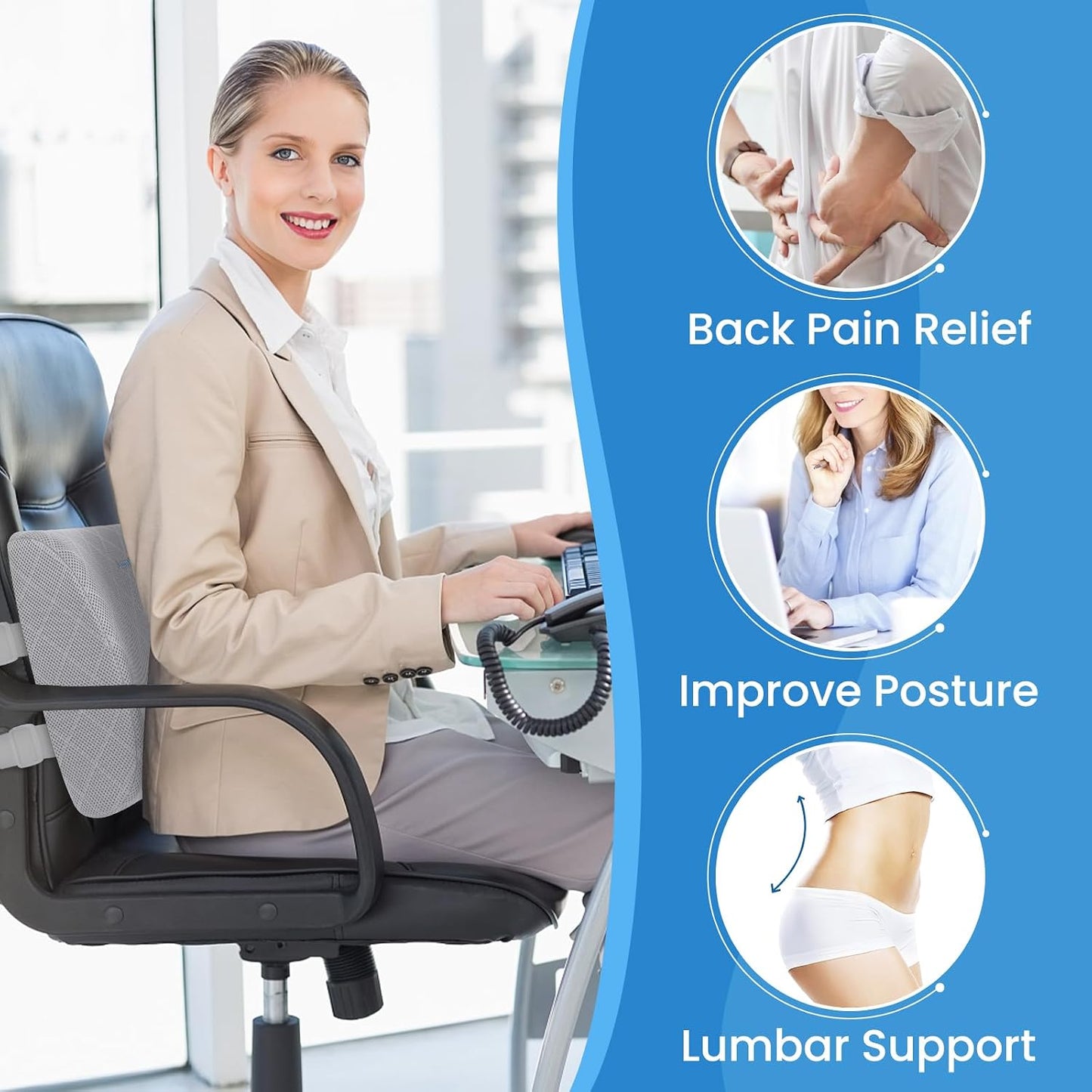 Lumbar Support Pillow for Office Chair, Back Support, Memory Foam, Grey | Improve Sitting Posture & Back Pain Relief. Lumbar Pillow Fits Office, Gaming & Car Chairs with Adjustable Dual Straps