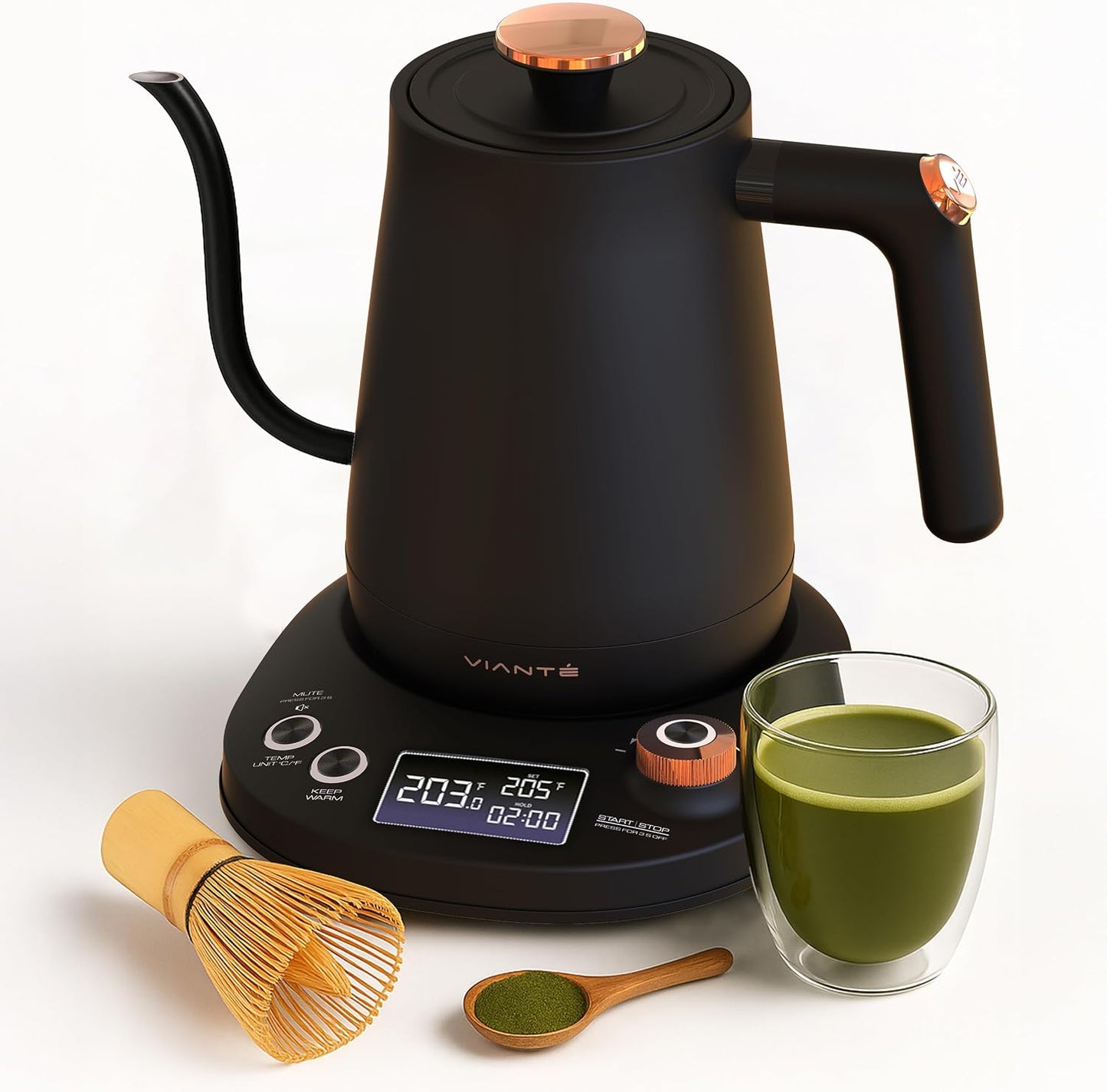 Viante Alba Electric Tea Kettle With Infuser, No Plastic, 1.5L | Borosilicate glass & 304 stainless steel construction. 4 temp presets, keep-warm, cordless, auto shut-off