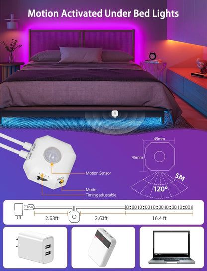 Daymeet Motion Sensor LED Strip Lights, 16.4ft RGB Motion Activated Under Bed Lights with Automatic Shut Off Timer App Control Cabinet Night Light Closet Lights for Hallway, Kitchen,Bedroom
