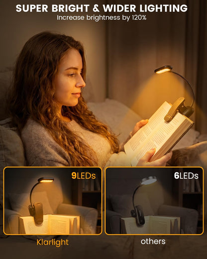 Klarlight 1800K Amber Rechargeable Book Light for Reading at Night, Eye-Caring with No Blue Light, Stepless Dimming & Memory Function, Lightweight Clip On Reading Lamp for Kids and Adults