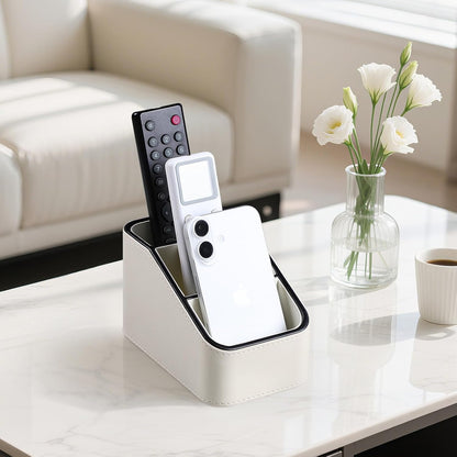 Remote Control Holder, Small Desk Organizer TV Remote Caddy, Black | PU Leather 3 Compartments Remote Holder, Remote Organizer Nightstand Organizer for Couch Bedside Living Room Office
