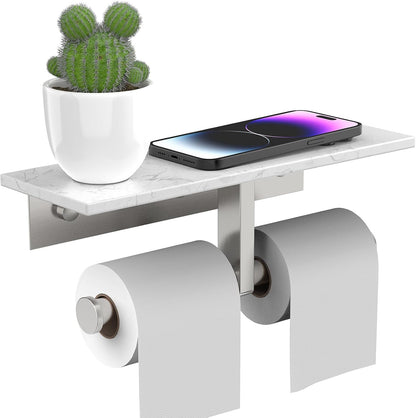 BWE Brushed Gold Toilet Paper Holder with Marble Shelf Wall Mounted | Toilet Paper Roll Holder with Phone Shelf 304 Stainless Steel Tissue Holder for Bathroom Washroom,Saving Space